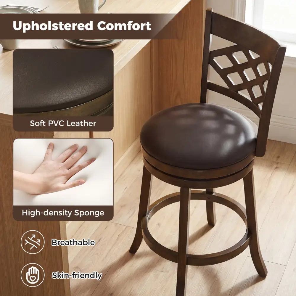 26 Inch Counter Height Bar Stools Set of 2 with Rubber Wood Frame-26 Inch - Brown - Bar Stools