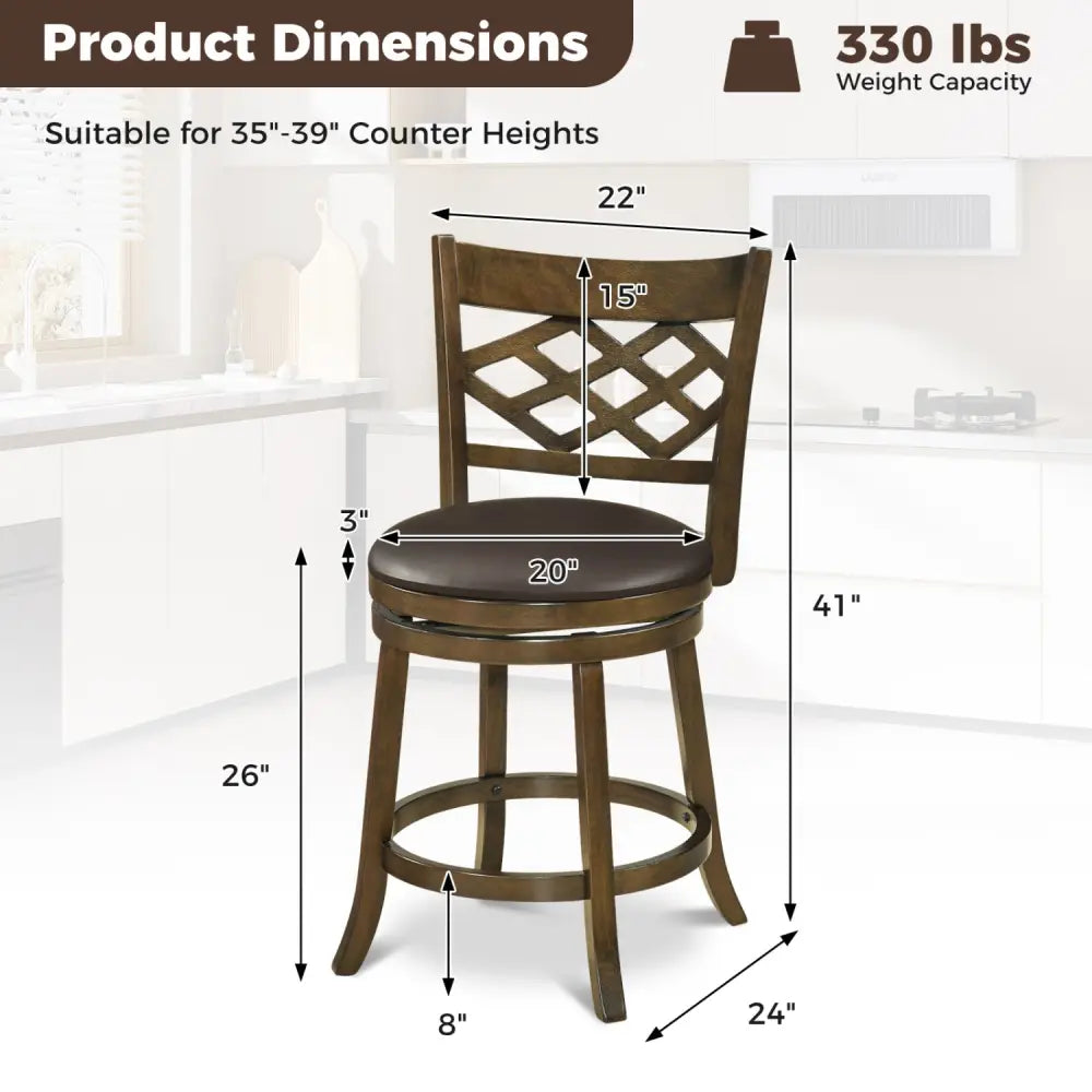 26 Inch Counter Height Bar Stools Set of 2 with Rubber Wood Frame-26 Inch - Brown - Bar Stools