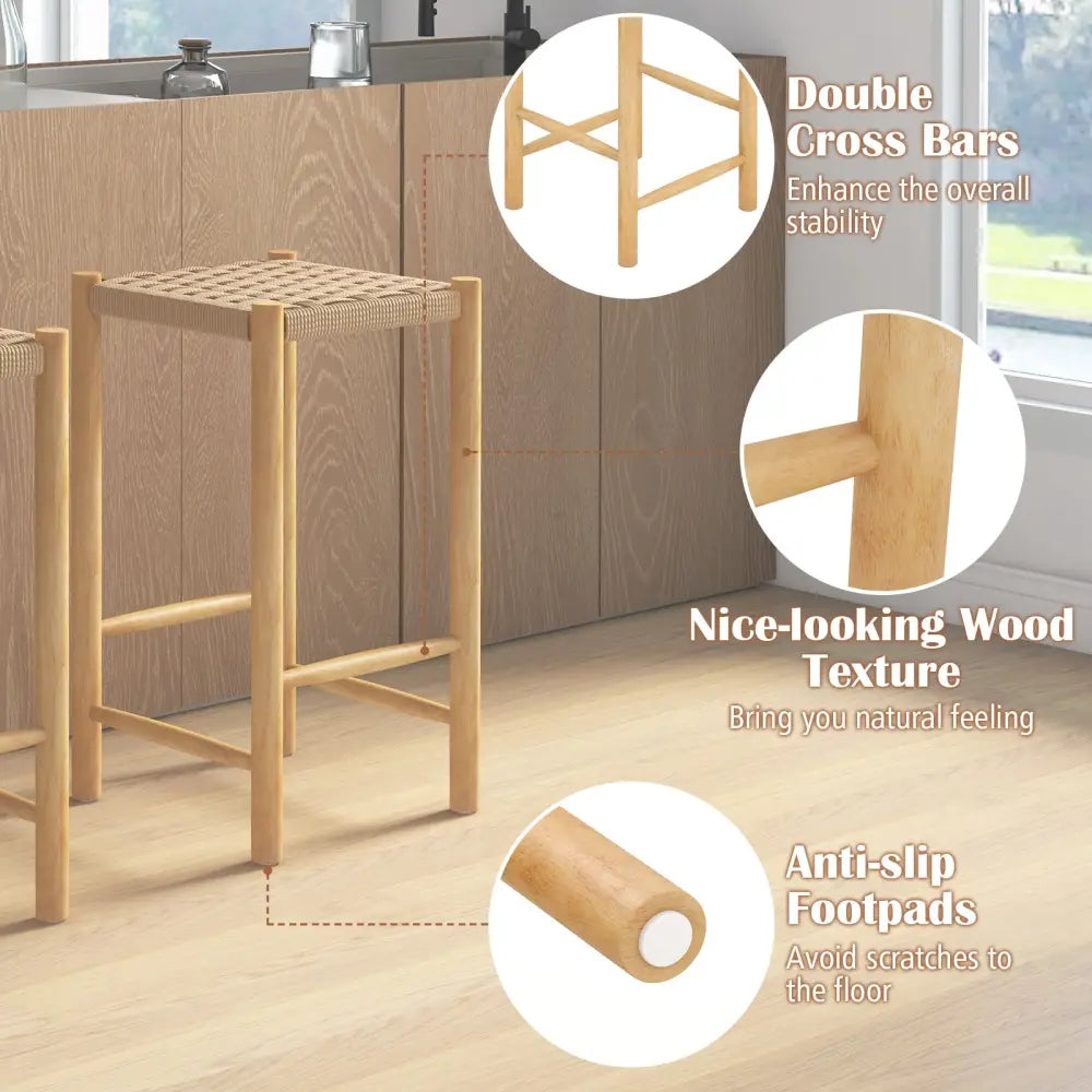 26 Inch Dining Bar Stool Set of 2-Natural - Natural - Bar Stools