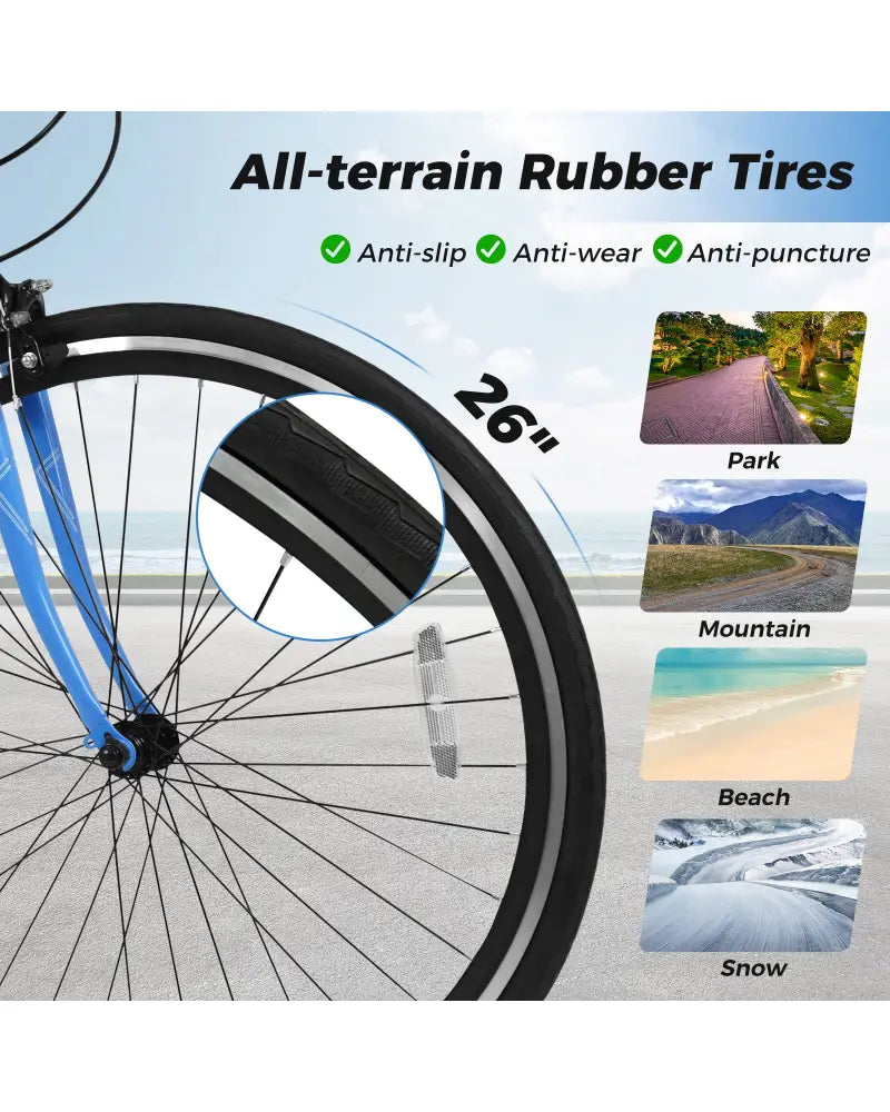 26 Inch Mountain Bike Adjustable with 6-Speed and All-terrain Rubber Wheels-Blue - Blue - Kids Bike