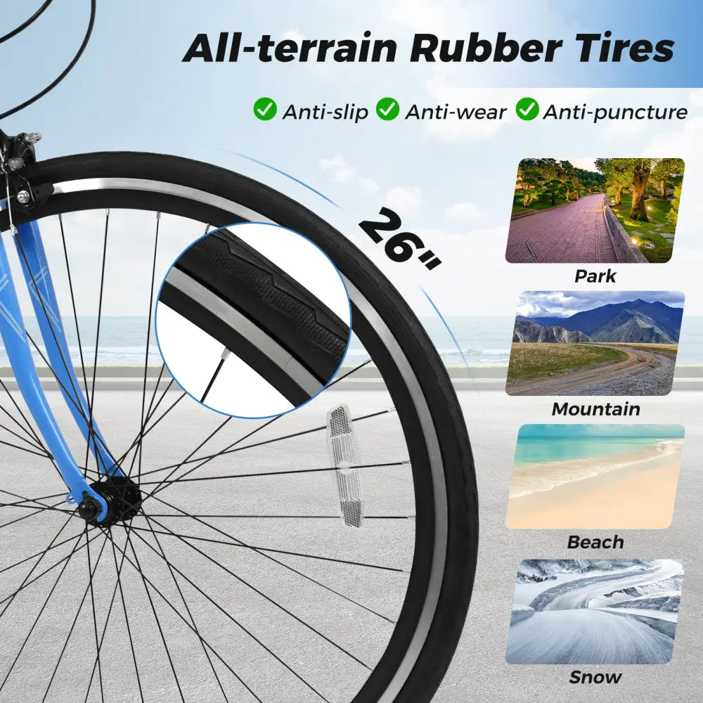 26 Inch Mountain Bike Adjustable with 6-Speed and All-terrain Rubber Wheels-Blue - Blue - Kids Bike