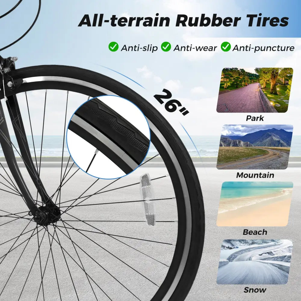 26 Inch Mountain Bike Adjustable with 6-Speed and All-terrain Rubber Wheels-Black - Black - Kids Bike