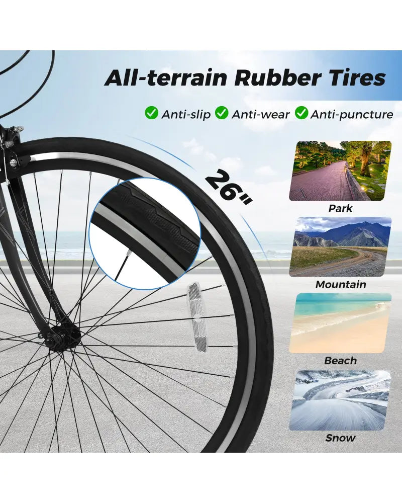 26 Inch Mountain Bike Adjustable with 6-Speed and All-terrain Rubber Wheels-Black - Black - Kids Bike