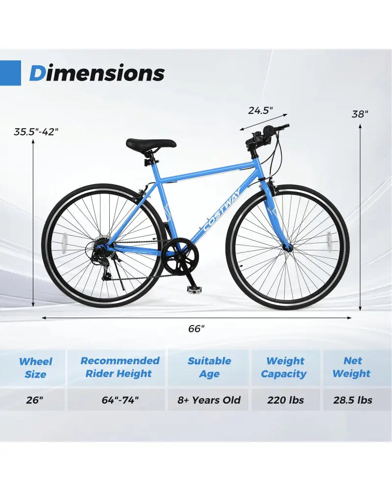 26 Inch Mountain Bike Adjustable with 6-Speed and All-terrain Rubber Wheels-Blue - Blue - Kids Bike