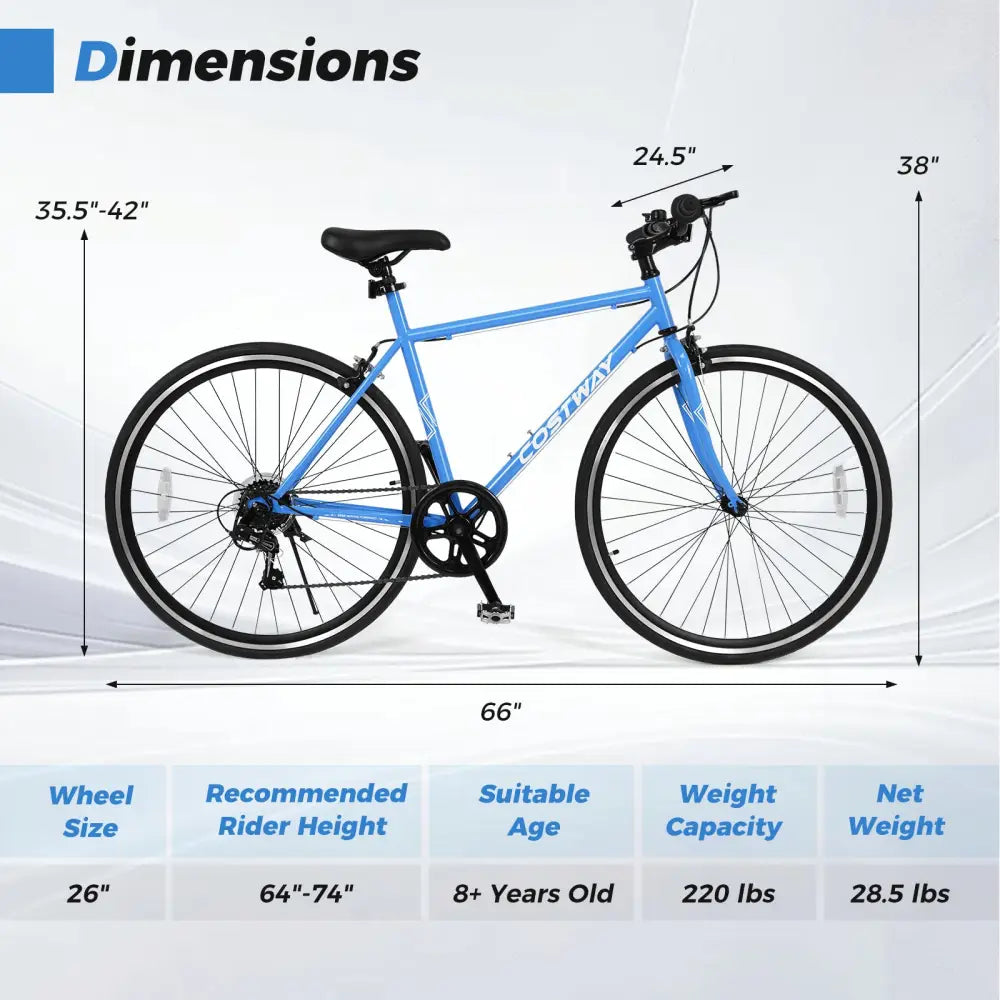 26 Inch Mountain Bike Adjustable with 6-Speed and All-terrain Rubber Wheels-Blue - Blue - Kids Bike