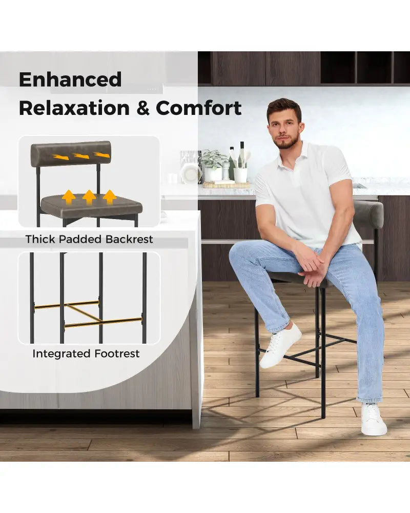 26 Inch Upholstered Bar Stools Set of 2 Counter Height Bar Chairs with Backrest-Gray - Gray - Bar Stools
