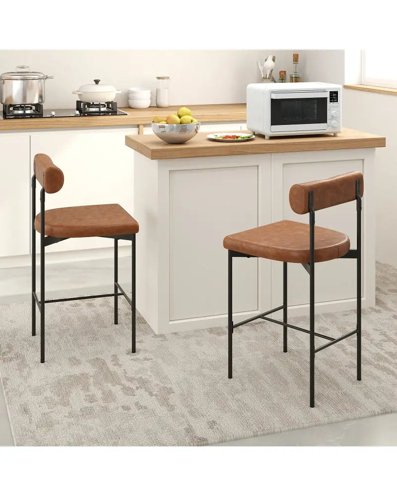 26 Inch Upholstered Bar Stools Set of 2 Counter Height Bar Chairs with Backrest-Brown - Brown - Bar Stools