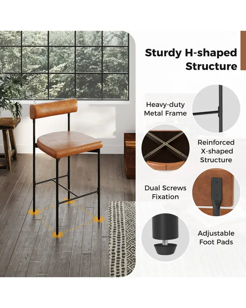 26 Inch Upholstered Bar Stools Set of 2 Counter Height Bar Chairs with Backrest-Brown - Brown - Bar Stools