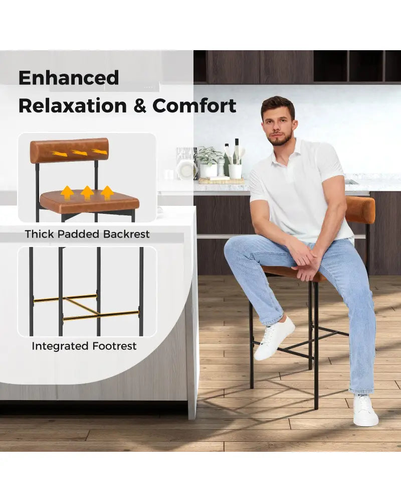 26 Inch Upholstered Bar Stools Set of 2 Counter Height Bar Chairs with Backrest-Brown - Brown - Bar Stools
