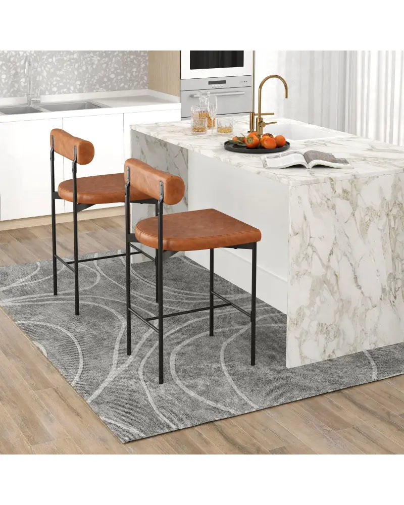 26 Inch Upholstered Bar Stools Set of 2 Counter Height Bar Chairs with Backrest-Brown - Brown - Bar Stools