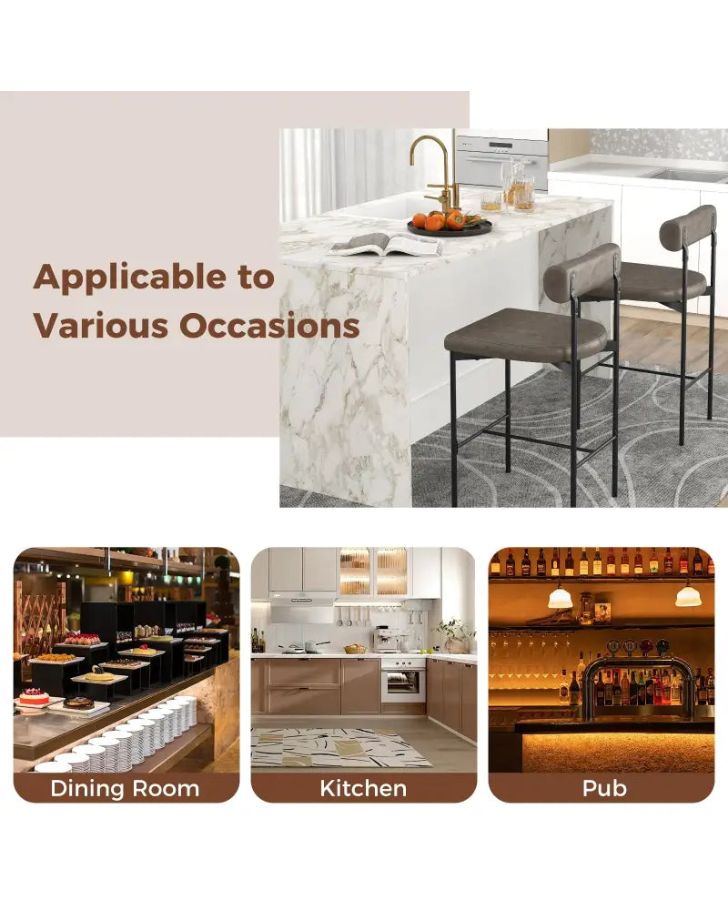 26 Inch Upholstered Bar Stools Set of 2 Counter Height Bar Chairs with Backrest-Gray - Gray - Bar Stools