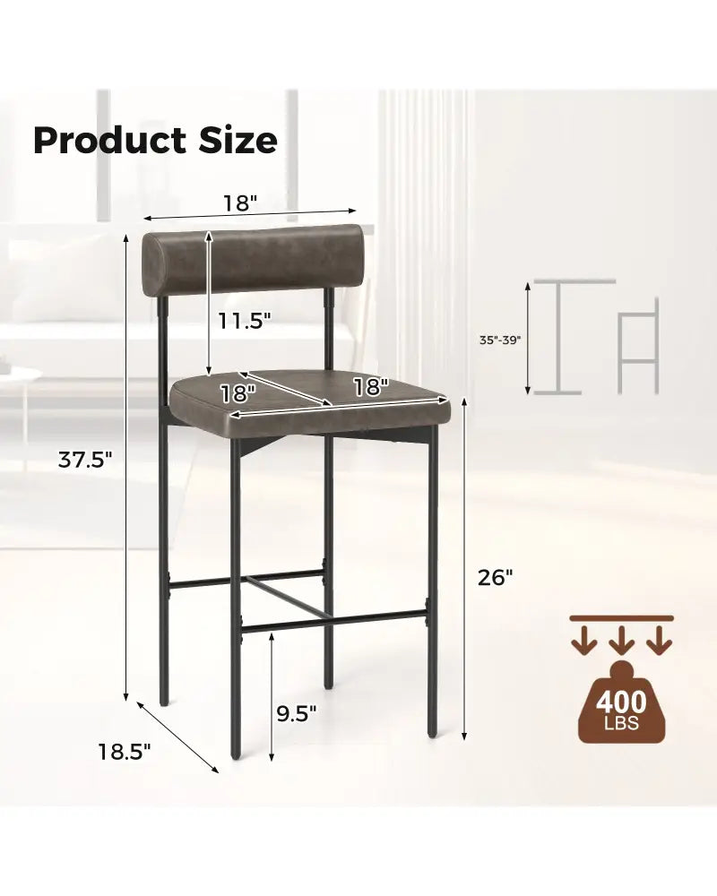 26 Inch Upholstered Bar Stools Set of 2 Counter Height Bar Chairs with Backrest-Gray - Gray - Bar Stools
