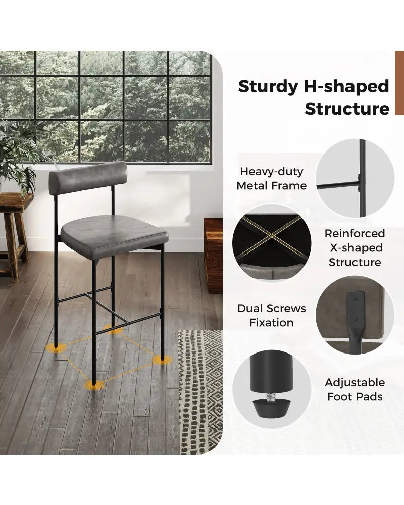 26 Inch Upholstered Bar Stools Set of 2 Counter Height Bar Chairs with Backrest-Gray - Gray - Bar Stools