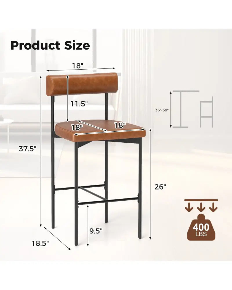 26 Inch Upholstered Bar Stools Set of 2 Counter Height Bar Chairs with Backrest-Brown - Brown - Bar Stools