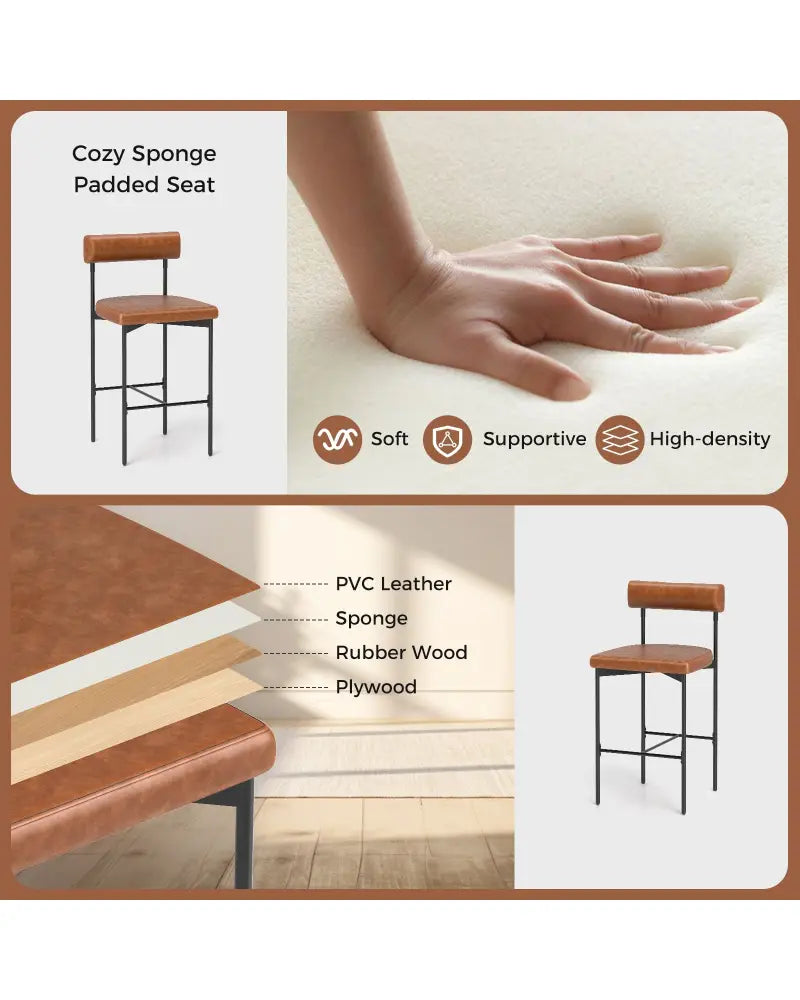 26 Inch Upholstered Bar Stools Set of 2 Counter Height Bar Chairs with Backrest-Brown - Brown - Bar Stools