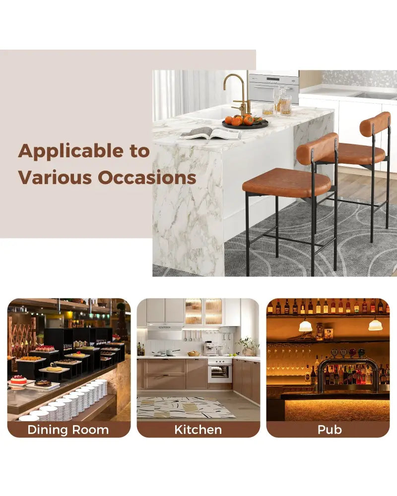 26 Inch Upholstered Bar Stools Set of 2 Counter Height Bar Chairs with Backrest-Brown - Brown - Bar Stools