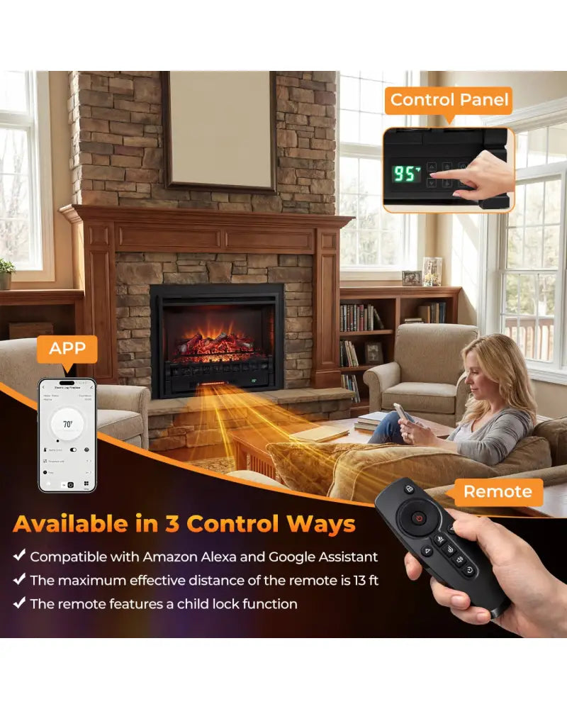 26 Inch WiFi Infrared Quartz Electric Fireplace Insert Logs Heater with Realistic Lemonwood Logs-Black - Black