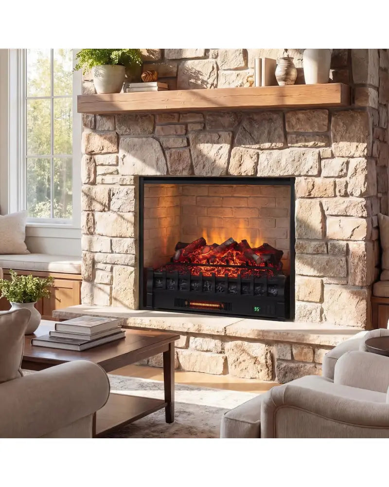 26 Inch WiFi Infrared Quartz Electric Fireplace Insert Logs Heater with Realistic Lemonwood Logs-Black - Black