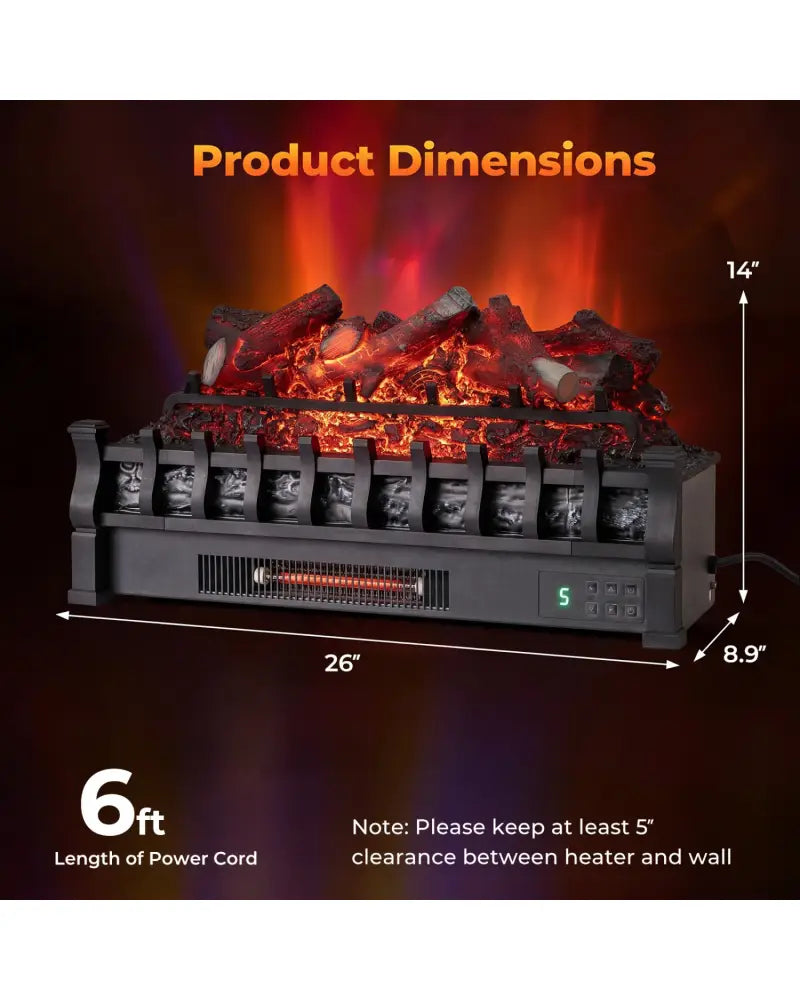 26 Inch WiFi Infrared Quartz Electric Fireplace Insert Logs Heater with Realistic Lemonwood Logs-Black - Black