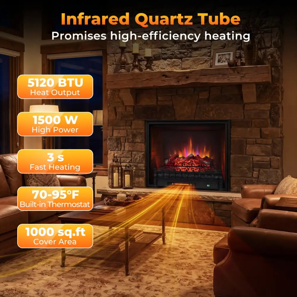 26 Inch WiFi Infrared Quartz Electric Fireplace Insert Logs Heater with Realistic Lemonwood Logs-Black - Black