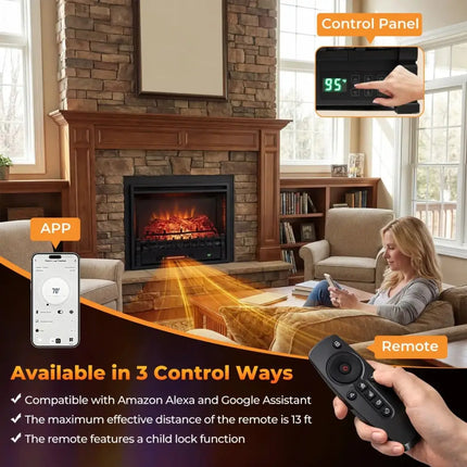 26 Inch WiFi Infrared Quartz Electric Fireplace Insert Logs Heater with Realistic Pinewood Logs-Black Costway