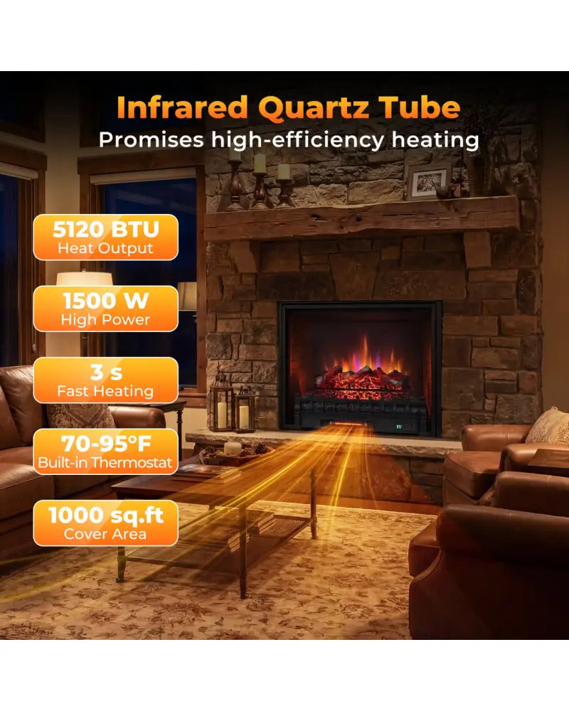 26 Inch WiFi Infrared Quartz Electric Fireplace Insert Logs Heater with Realistic Lemonwood Logs-Black - Black