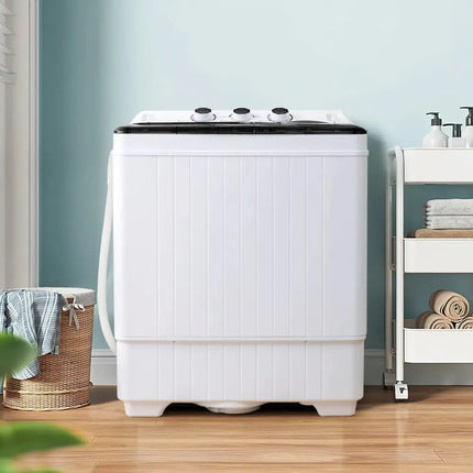 Costway portable twin tub washing machine in white with black top and control knobs in a modern laundry room