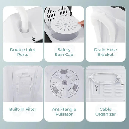 Close-up features of Costway portable twin tub washing machine including double inlet ports and built-in filter