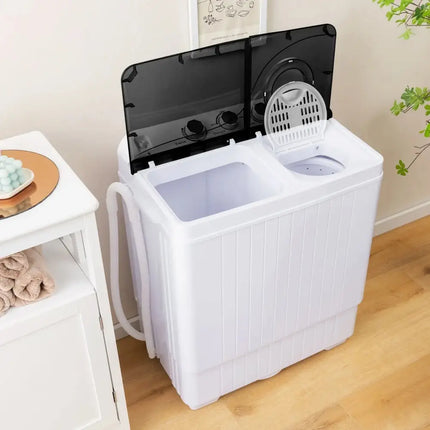 Costway portable twin tub washing machine in white with transparent lid placed on wooden floor