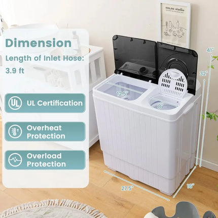 Costway portable twin tub washing machine with UL certification and overload protection in a home laundry room