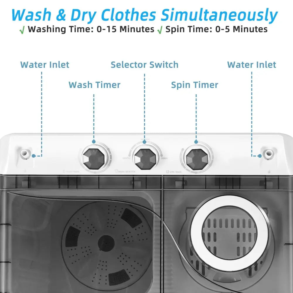 26 LBS Twin Tub Portable Washing Machine with Built-In Drain Pump-Gray - Gray - Washing Machines