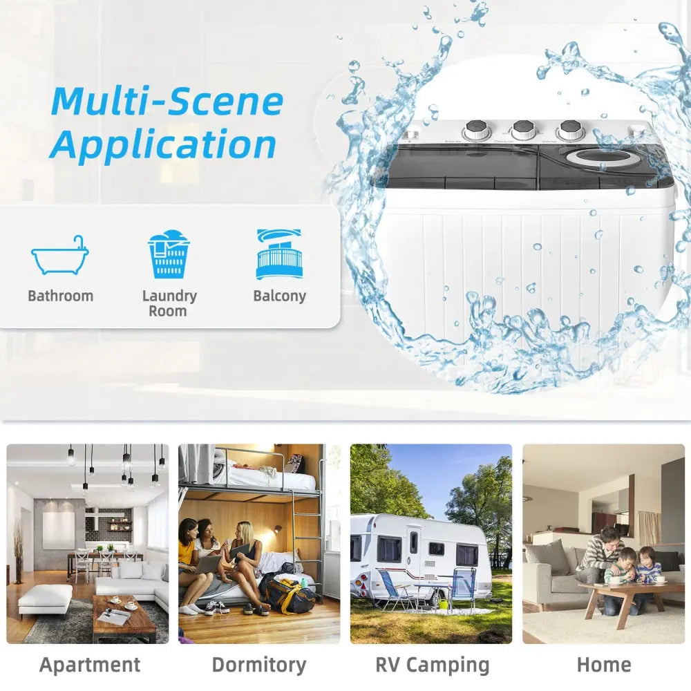 26 LBS Twin Tub Portable Washing Machine with Built-In Drain Pump-Gray - Gray - Washing Machines