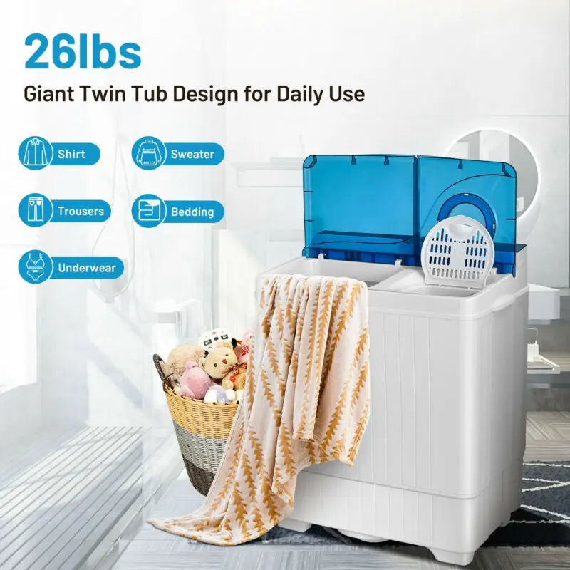 26 Pound Portable Semi-Automatic Washing Machine with Built-in Drain Pump-Blue - Blue - Washing Machines