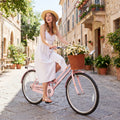 26 Inch Beach Cruiser Bike for Women with Woven Basket and Rear Rack - Pink