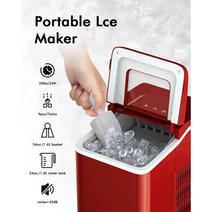 26lbs/24h Portable Countertop Ice Maker Machine with Scoop 9 Ice Cubes Ready in 8 minutes-Red Costway