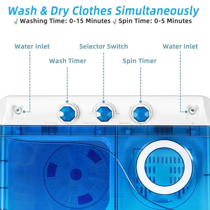 26lbs Portable Semi-Automatic Twin Tub Washing Machine with Drain Pump-Blue Costway