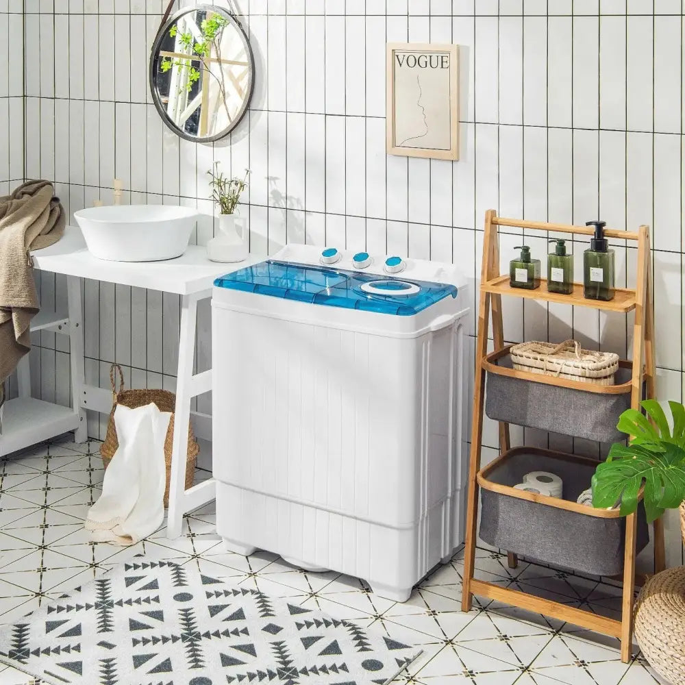 26lbs Portable Semi-Automatic Twin Tub Washing Machine with Drain Pump-Blue Costway