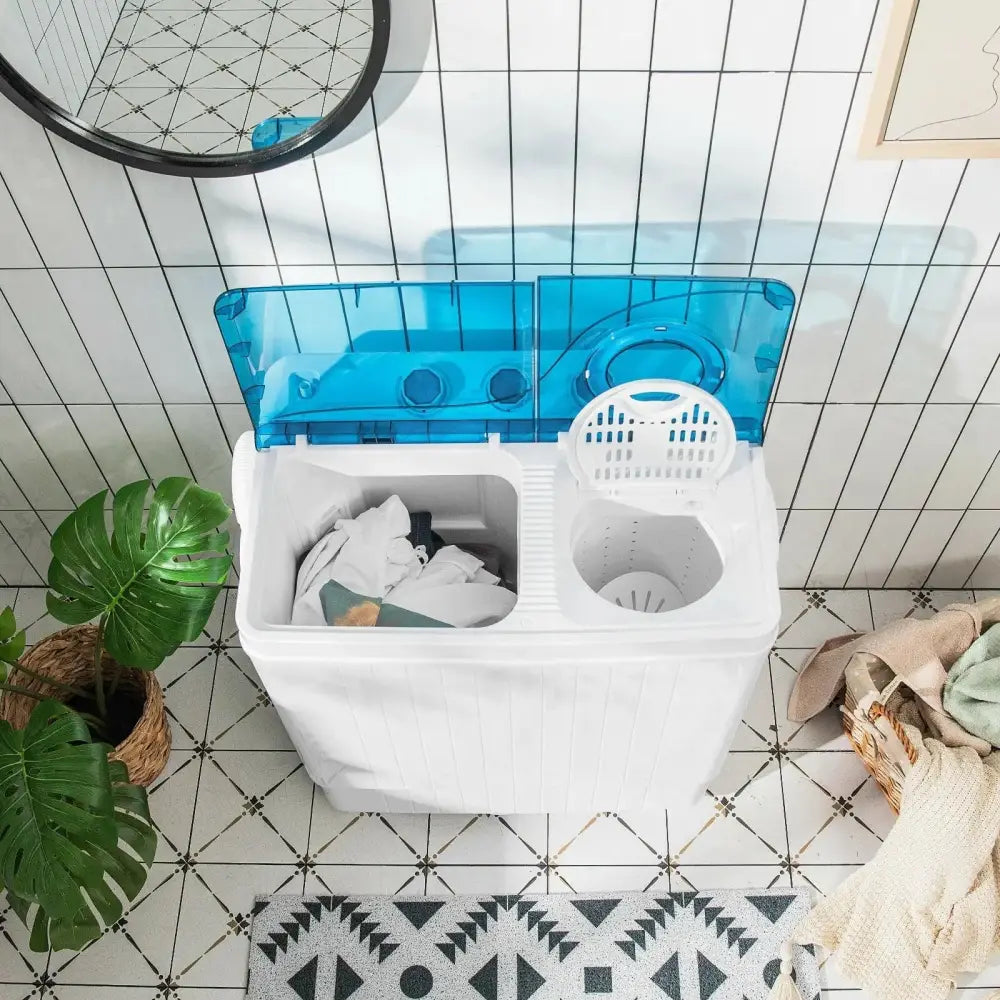 26lbs Portable Semi-Automatic Twin Tub Washing Machine with Drain Pump-Blue Costway