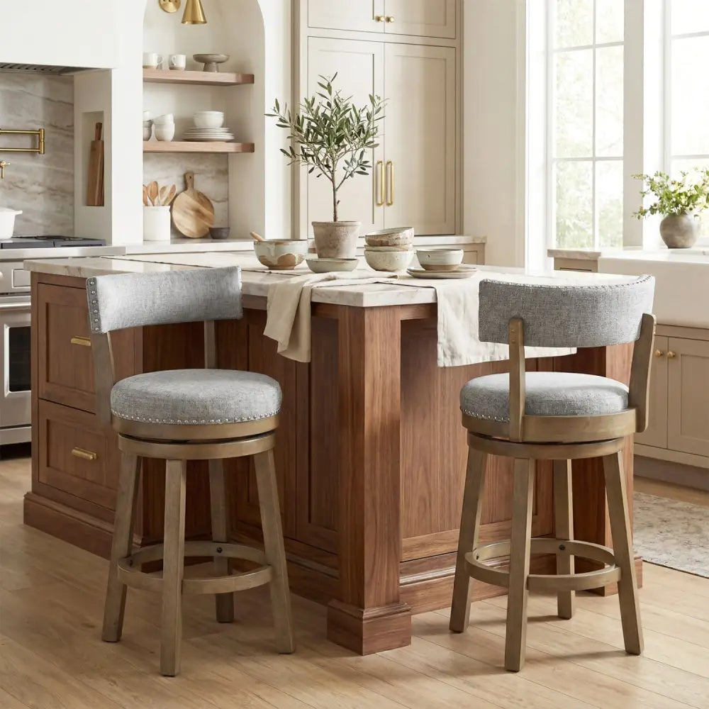 27/31 Inch Swivel Bar Stool with Upholstered Back Seat and Footrest-27 inches - Gray - Bar Stools
