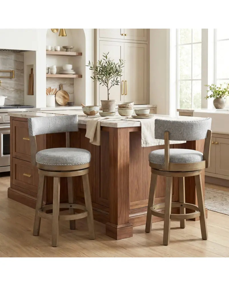 27/31 Inch Swivel Bar Stool with Upholstered Back Seat and Footrest-27 inches - Gray - Bar Stools