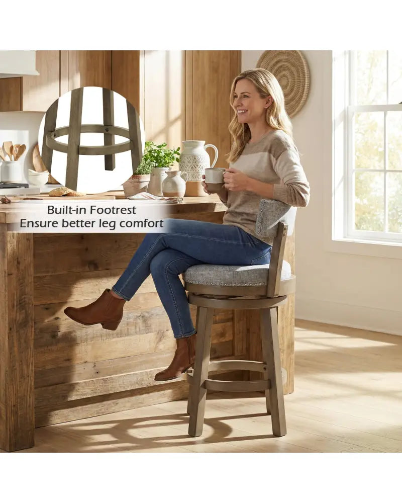 27/31 Inch Swivel Bar Stool with Upholstered Back Seat and Footrest-27 inches - Gray - Bar Stools