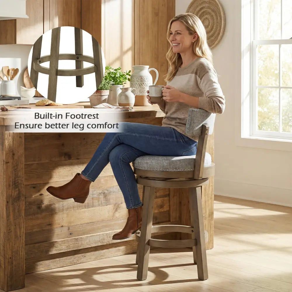 27/31 Inch Swivel Bar Stool with Upholstered Back Seat and Footrest-27 inches - Gray - Bar Stools