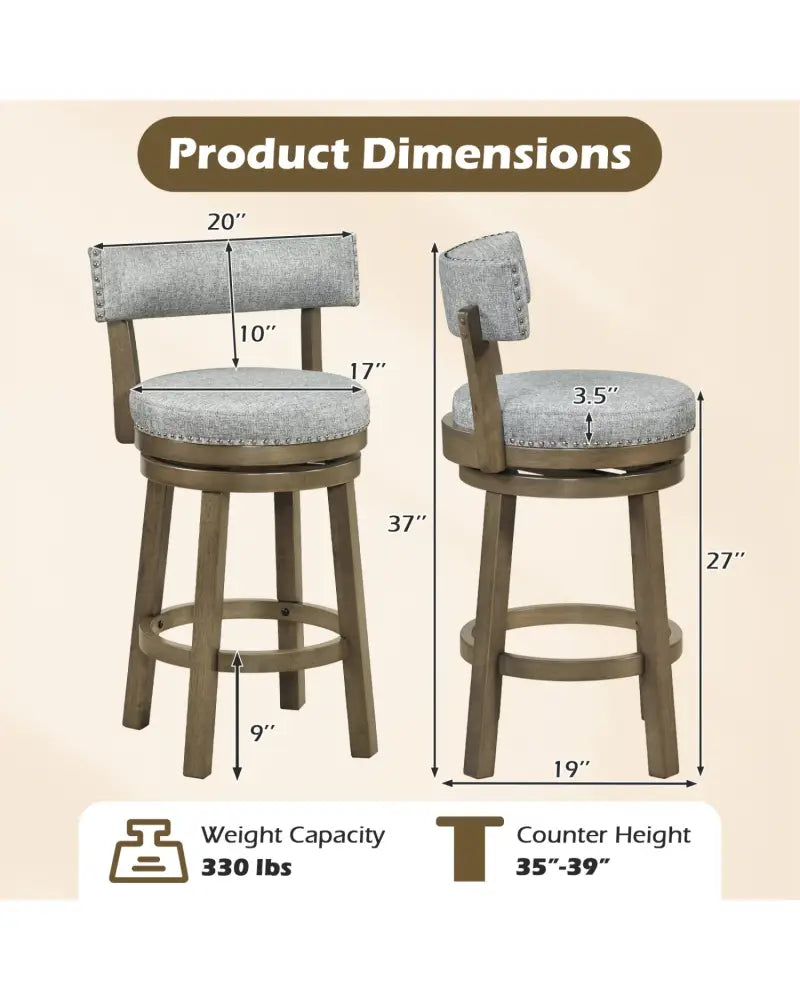 27/31 Inch Swivel Bar Stool with Upholstered Back Seat and Footrest-27 inches - Gray - Bar Stools