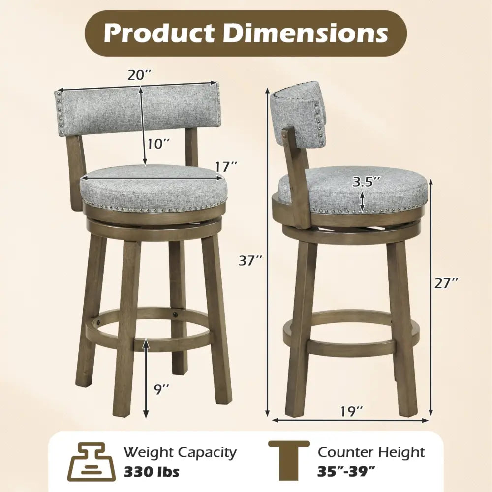 27/31 Inch Swivel Bar Stool with Upholstered Back Seat and Footrest-27 inches - Gray - Bar Stools