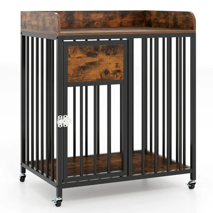 27.5 Inch Dog Crate Furniture with Wheels for Small Dogs and Puppies - Rustic Brown - Oasis Home Essentials