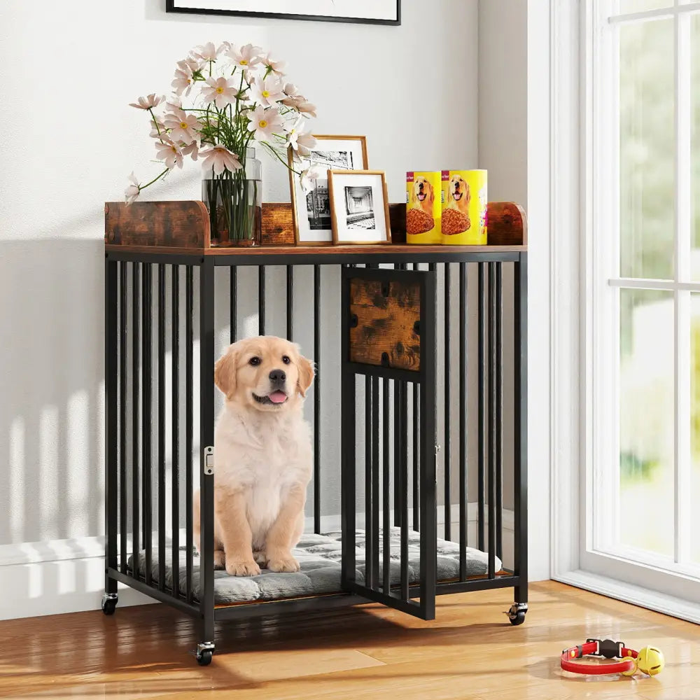 27.5 Inch Dog Crate Furniture with Wheels for Small Dogs and Puppies-Rustic Brown - Rustic Brown - Dog Kennels