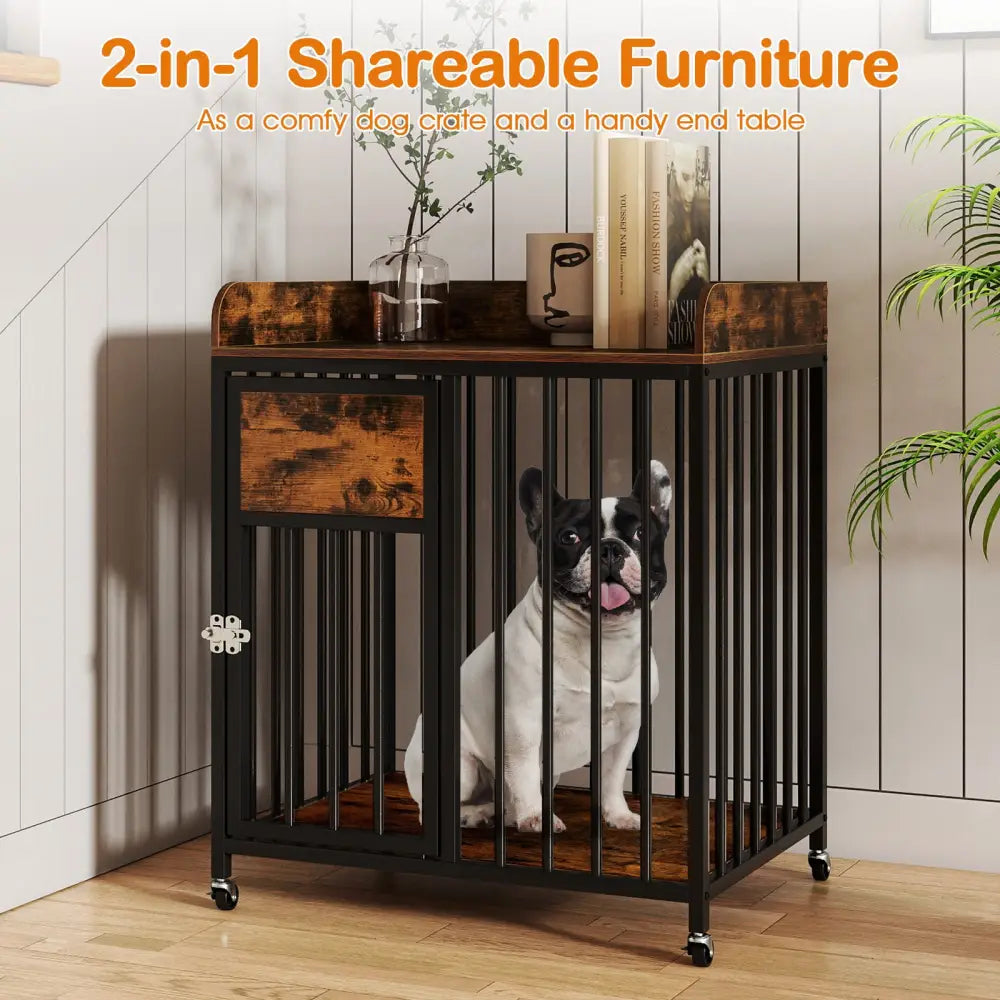 27.5 Inch Dog Crate Furniture with Wheels for Small Dogs and Puppies-Rustic Brown - Rustic Brown - Dog Kennels