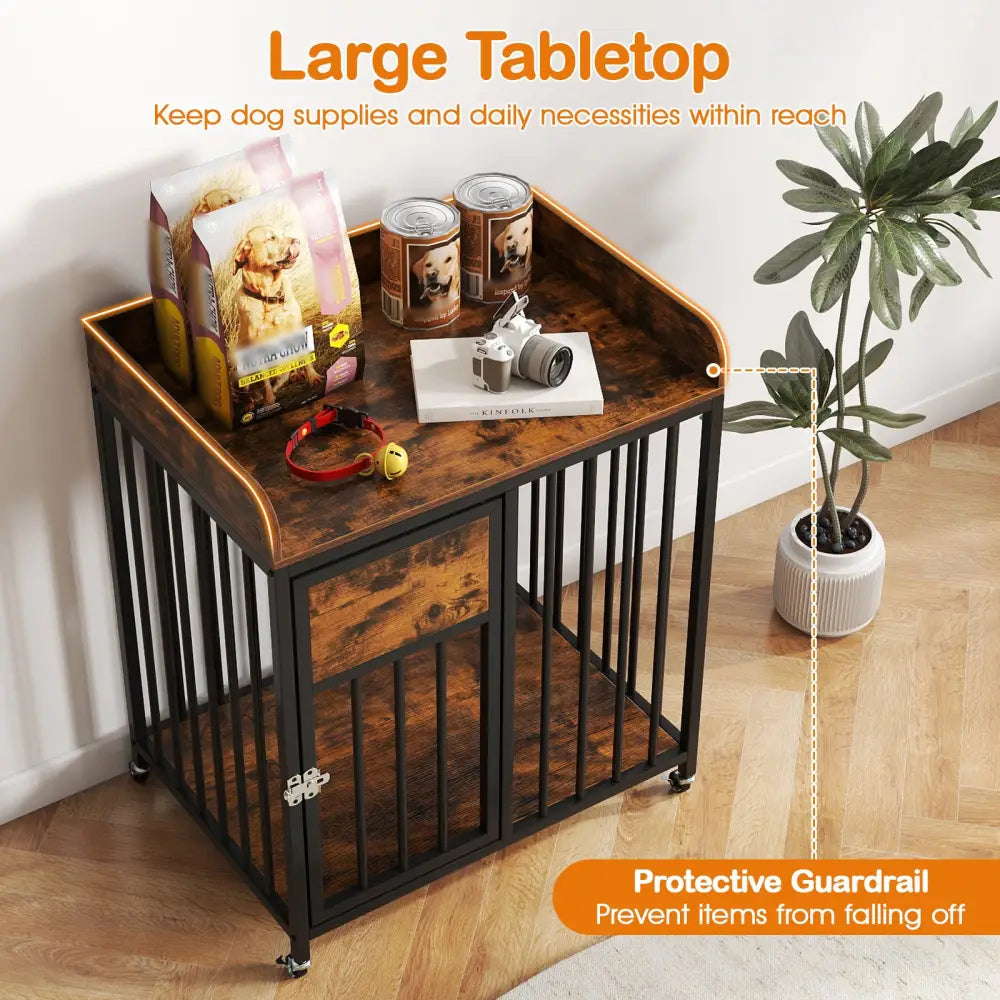 27.5 Inch Dog Crate Furniture with Wheels for Small Dogs and Puppies-Rustic Brown - Rustic Brown - Dog Kennels