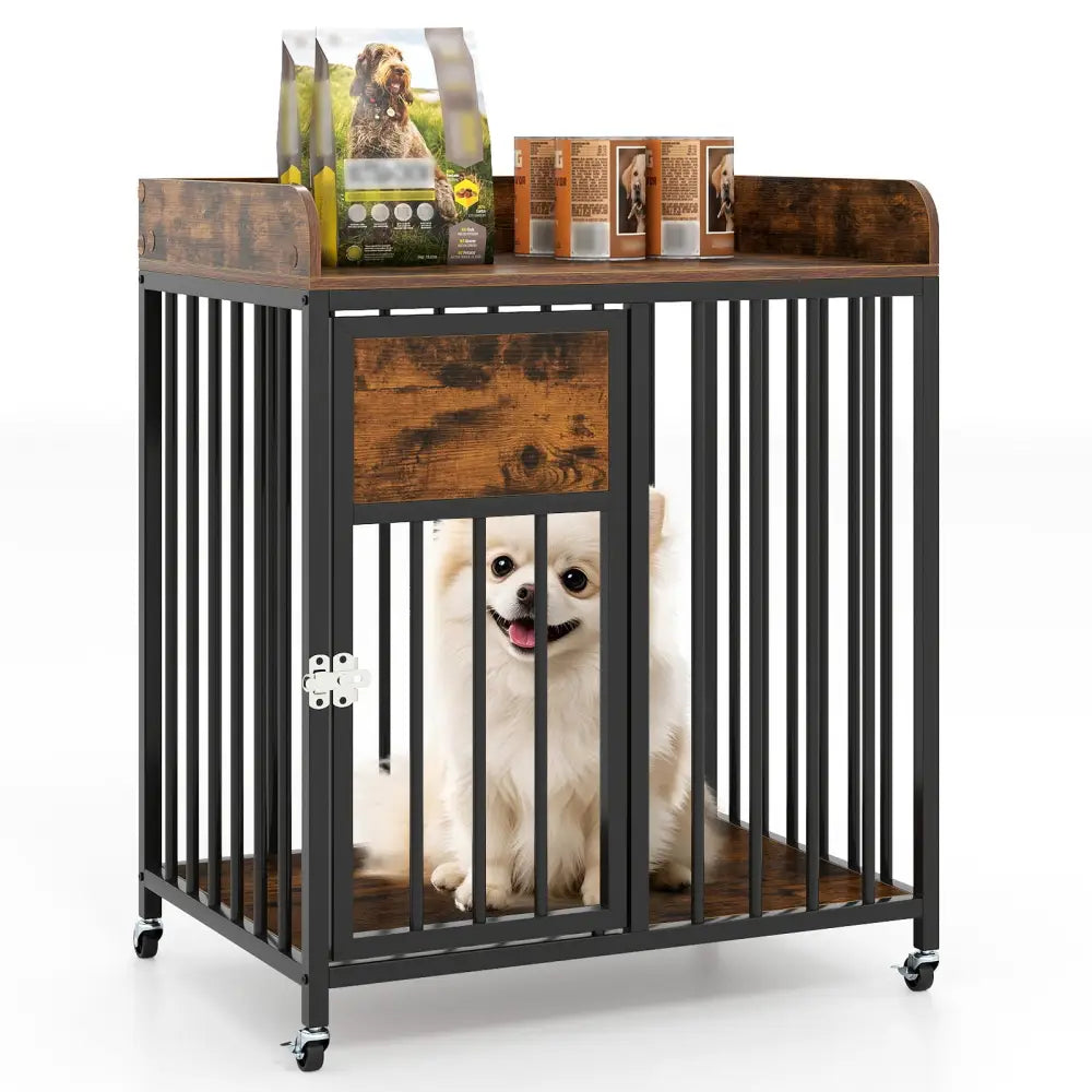 27.5 Inch Dog Crate Furniture with Wheels for Small Dogs and Puppies-Rustic Brown - Rustic Brown - Dog Kennels