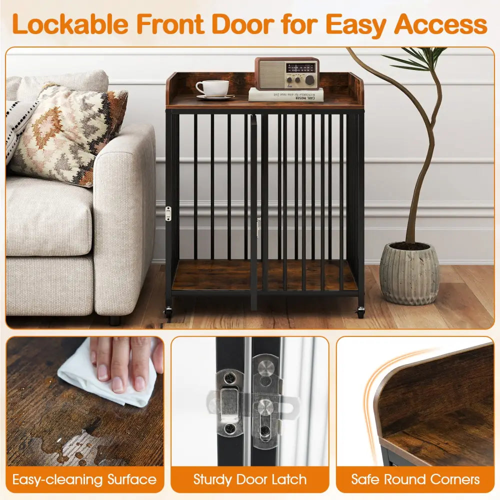 27.5 Inch Dog Crate Furniture with Wheels for Small Dogs and Puppies-Rustic Brown - Rustic Brown - Dog Kennels